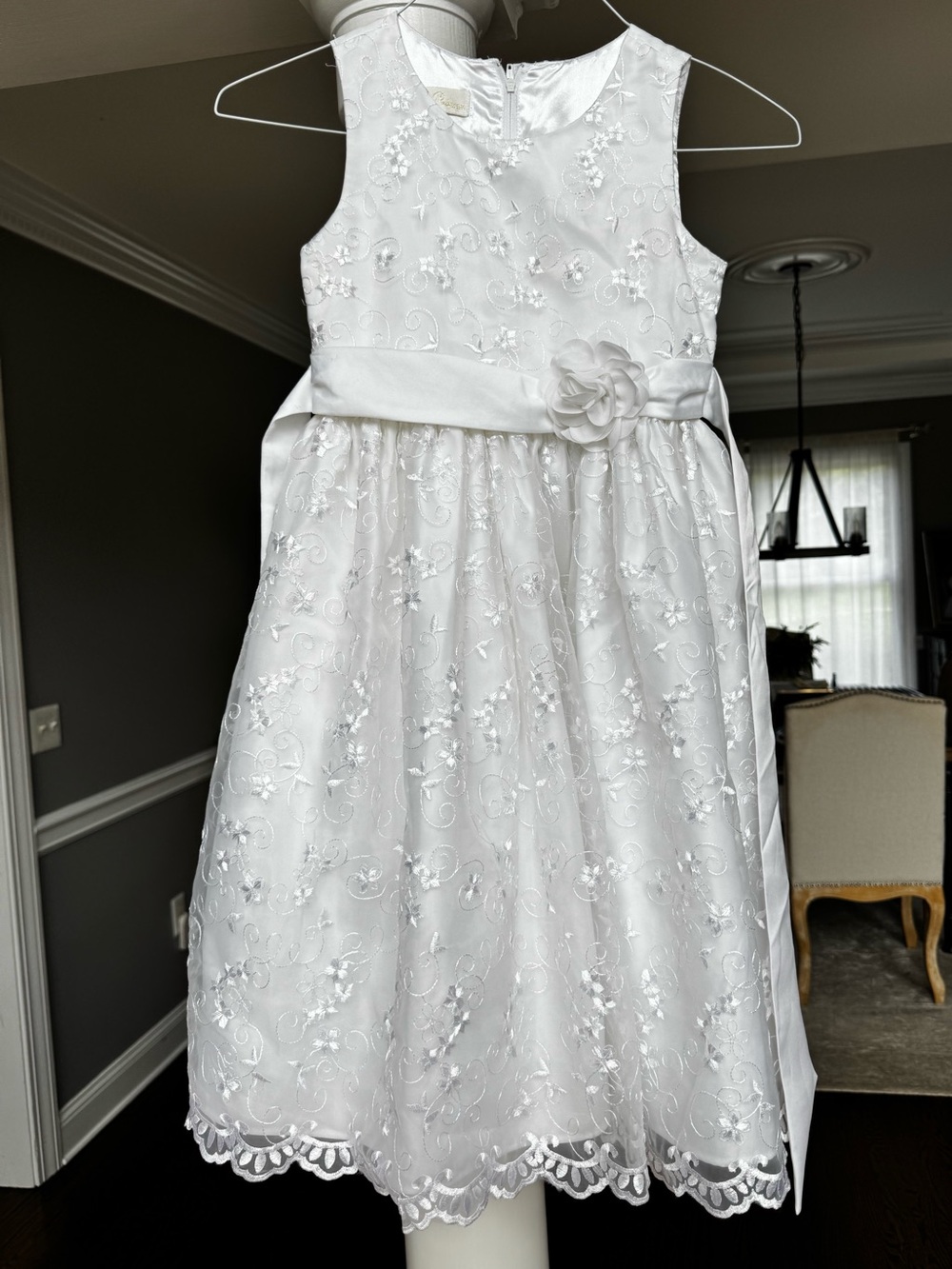 American Princess White Floral Embroidered Flower Girl Dress with Sash